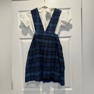 School girl outfit French Toast brand button down and romper dress